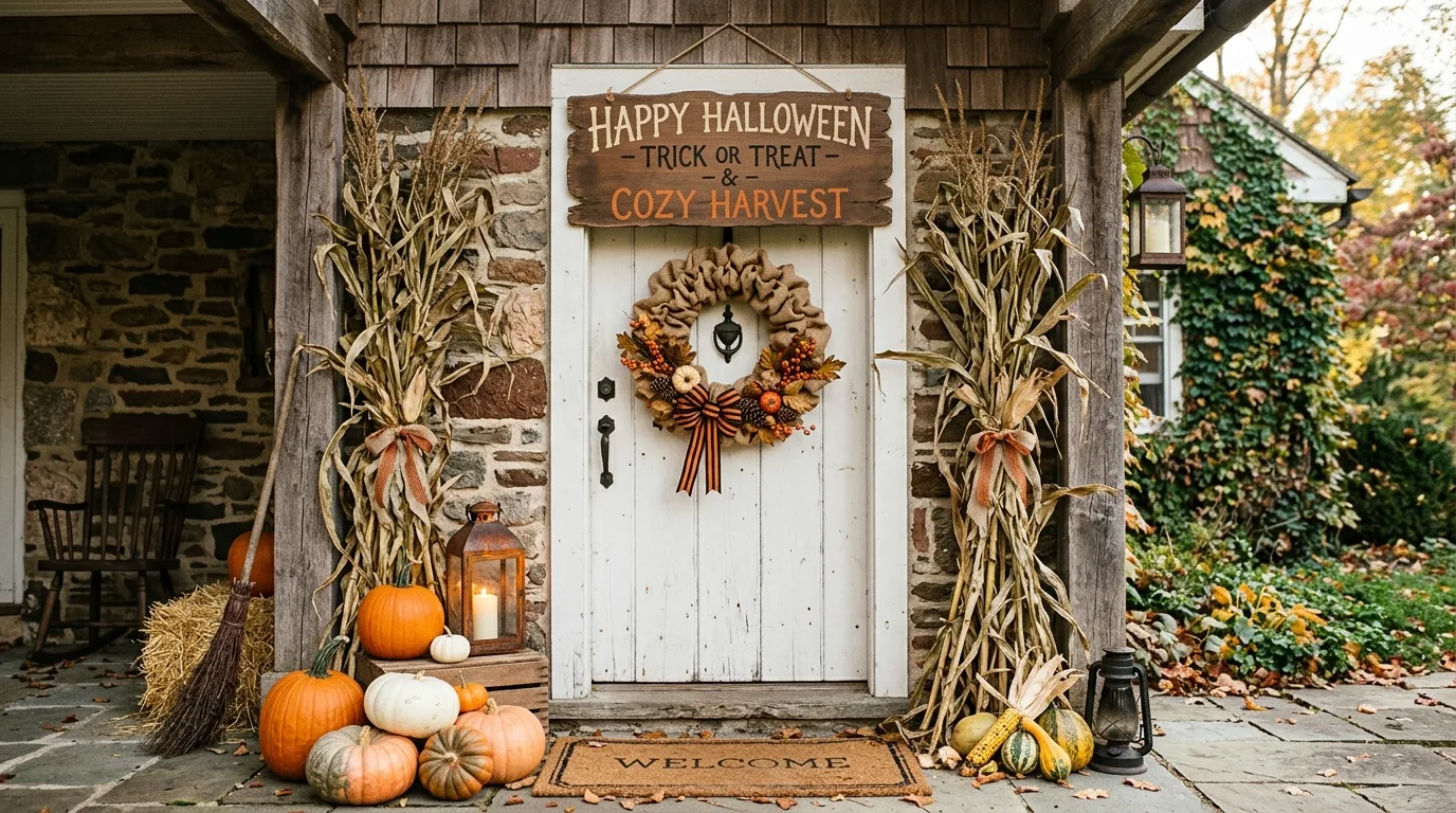Use overhead or side lighting to deepen the atmosphere inspiration for a Halloween front door entrance.